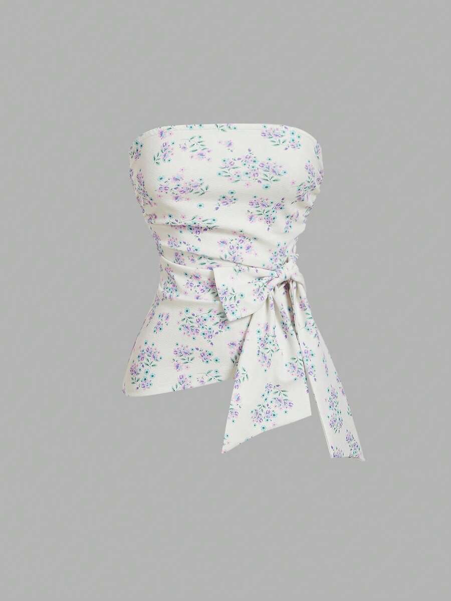 SHEIN MOD Bandeau Ditsy Floral Bow Pastoral Ditsy Floral Purple Top, Going Out Top, Valentine's Day Top, Party Top, Tea Party Top, Country Clothing, Holiday Clothing
