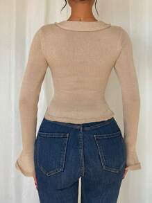 Chiquease New Autumn/Spring Ruffle Trim Single-Breasted Flared Sleeve Fitted Women Cardigan, Sexy European American Style - Khaki - View 2