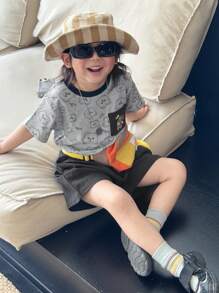 DAZY Conjunto de 2 piezas de camiseta de manga corta y pantalones cortos con estampado de oso tejido para niños pequeños, primavera/verano - Negro - Ver 4