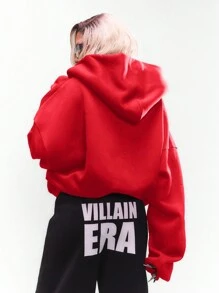 SUMWON WOMEN Halloween Villain Era Gothic Full-Zip Hoodie Urban Streetwear Statement Piece Bold Text Avant-Garde Fashion Alternative Style Edgy Athleisure Fall Winter Unisex Sweatshirt - Red - View 2