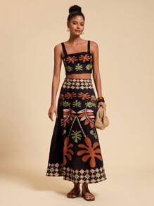 Travachic Vacation Knit Printed Bodycon Cropped Tank Top & Skirt 2pcs Women Sets - Black - View 4