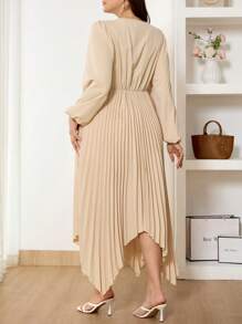 SHEIN Frenchy Plus Size Elegant Solid Color Lantern Sleeve Twist Elegant Women Dresses Old Money Pleated Midi Dress
