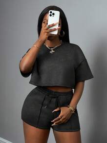 Slaydiva 2 件套新款休闲运动女式街头风格圆领短袖 T 恤和短裤套装，超大雪花面料运动衫套装 - 黑色 - 查看 7