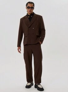 Musero Double Breasted Blazer Pocket Detailing - Coffee Brown - View 5