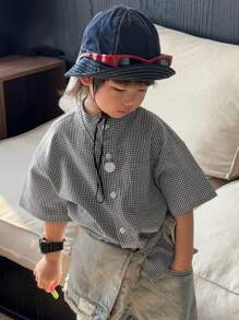 DAZY 年轻男孩格子卡通印花休闲衬衫 - 黑與白 - 查看 3