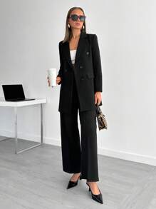 EURMUSE Elegant Style, Premium Quality, Double Breasted Jacket With Straight Fit Pant Set - Black - View 5