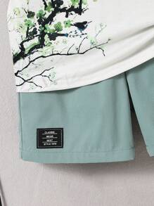 2 pièces Ensemble T-shirt tricoté à manches courtes avec imprimé végétal ample au col rond et short unicolore, pour garçon, décontracté, polyvalent pour l'école, le jardin, la plage, les anniversaires, le printemps, l'été, l'automne et l'hiver