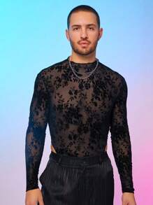 FeverCity Men's Mesh & Thermal Lined Compression Long Sleeve Bodysuit - Black - View 3