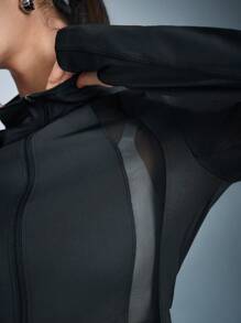 Mesh Splice Sheer Windbreaker, Slim Fit Sports Jacket - Black - View 4