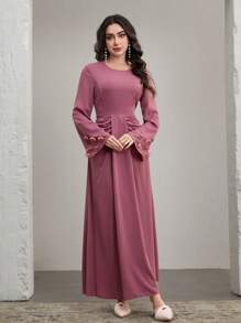 Graceveil Women's Party Solid Color Round Neck Fitted Design Sleeve Applique Mini Dress