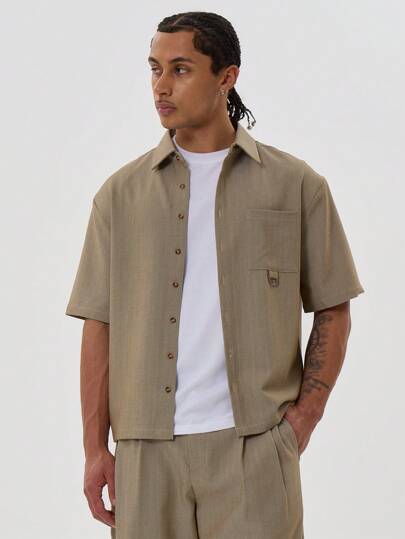 Musero 短袖宽松落肩纽扣基础款衬衫套装（仅上衣）春夏必备