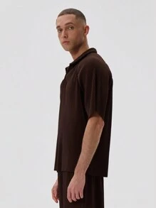 Musero Men Plisse Polo Boxy Buttonless Short Sleeve Shirt Spring Summer - Rust Brown - View 2