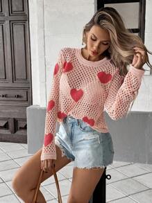 SHEIN LUNE Lente/zomer Hollow Heart Crew Neck gebreide crop top, modieuze trui voor laagjes, geschikt voor Valentijnsdag