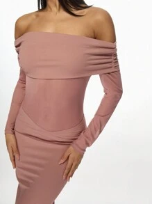 MISSGUIDED Bardot Off Shoulder Long Sleeve Bodycon Maxi Dress With Mesh Cutout Evening Party Formal Ruched Design Special Occasion - Dusty Pink - View 6