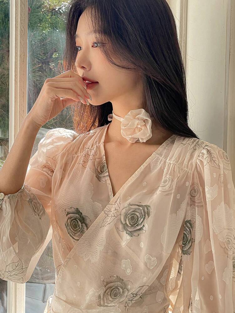 Elegant V-Neck Sexy Women's Blouse, Mature Vibe Floral Long Sleeve