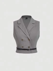 SHEIN MOD Gilet gris croisé double boutonnage grande taille pour femmes