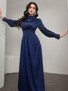 Modelyn Women's Round Neck Ruched Lantern Sleeve 2 In 1 Decorative Button A-Line Dress, Elegant - Blue - View 3