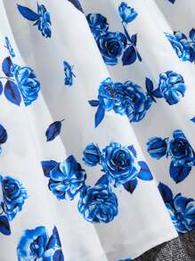 SHEIN Teens Girls Elegant Knit Printed Waist-Cinching A-Line Dress, Casual Daily Wear - Blue and White - View 7