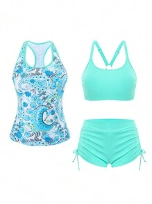 Swim Lushoire Conjuntos de ropa de playa para mujer: Set de 3 piezas que incluye top de tankini estampado de paisley, top de camisola de unicolor y shorts con cordón, para vacaciones de verano - Multicolor - Ver 7