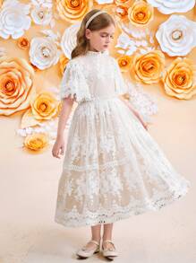 SHEIN فستان أميرة أنيق من القماش المنسوج بالتطريز والدانتيل المطرز ذو كم فلير ضيق الخصر، مناسب للزفاف والحفلات والكروم وعيد الحب وحفلات الربيع و للبنات المراهقات