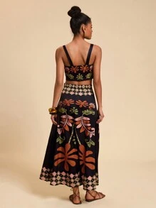 Travachic Vacation Knit Printed Bodycon Cropped Tank Top & Skirt 2pcs Women Sets - Black - View 2