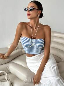 SHEIN Essnce Women Casual Simple Stripe Halter Neck Top - Blue and White - View 4