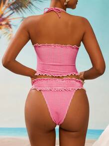 Swim Mod Conjunto de top de tirantes a cuadros y bikini fresco y dulce para vacaciones de verano en la playa para mujeres