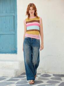 Skyraze 女士度假休闲撞色条纹镂空针织背心