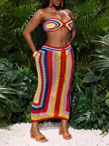 Slaydiva 2 件套女士度假性感圆领条纹短款上衣和裙子套装 - 彩色 - 查看 5