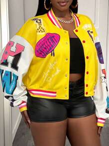 Slaydiva Plus Size Casual Colorblock Crop Baseball Jacket, Printed Blue For Autumn/Winter - Yellow - View 3