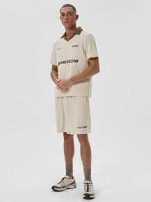 Musero Waistband Slogan Mesh Shorts - Apricot - View 1