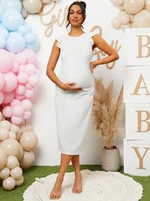 Loomaby Pregnant Women Elegant Solid Color Textured Cap Sleeve Dress - White - View 1