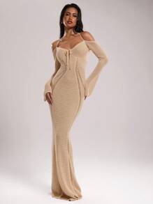 SHEIN BAE Vestido de punto ajustado con hombros descubiertos y lazo delantero de unicolor, ropa de San Valentín, atuendos de vacaciones, atuendos de verano para mujer, suéteres para mujer, vestidos de verano para mujer, atuendos de playa para mujer, ropa occidental para mujer, vestido de suéter para mujer, vestido de verano para mujer en otoño/invierno