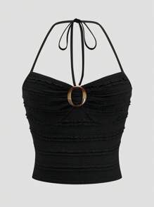Sweetra Camisola negra de punto casual con cuello volante y lazo decorativo para mujer talla grande
