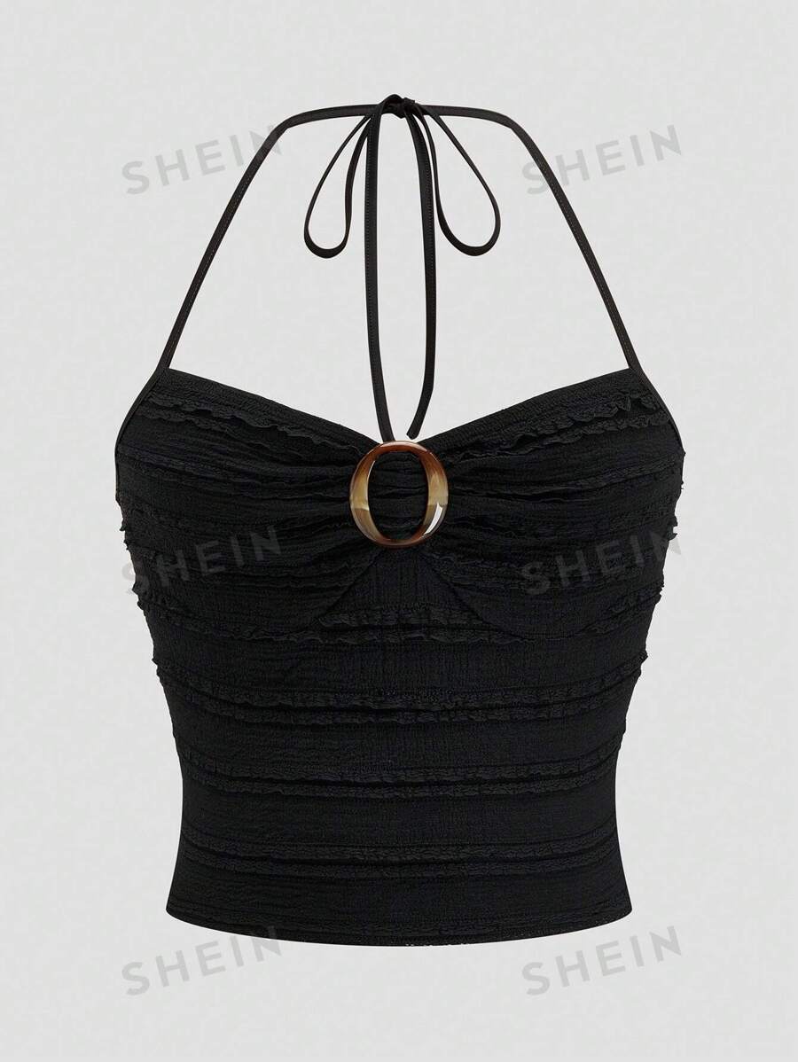 Sweetra Camisola negra de punto casual con cuello volante y lazo decorativo para mujer talla grande