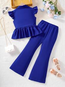 SHEIN Leap Crew Tween Girls 3 Pieces Set: Casual Commuting Crop Jacket With Cap Sleeves, Camisole, And Flared Leg Pants - Blue - View 2