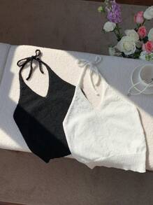 Comfortcana 2pcs Women's Spring/Summer Beach New Knitted Cute Halter Tops, Vacation Clothes