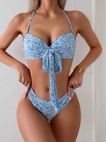 SHEIN Swim 夏季女士碎花无钢圈比基尼套装 - 藍白色 - 查看 4
