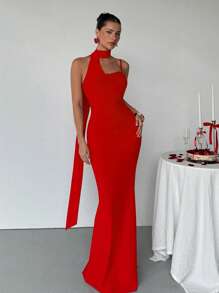 Aloruh 女士优雅性感浪漫情人节露背修身美人鱼细肩带长裙，情人节约会派对红色连衣裙，夏季度假服装 - 紅色 - 查看 4