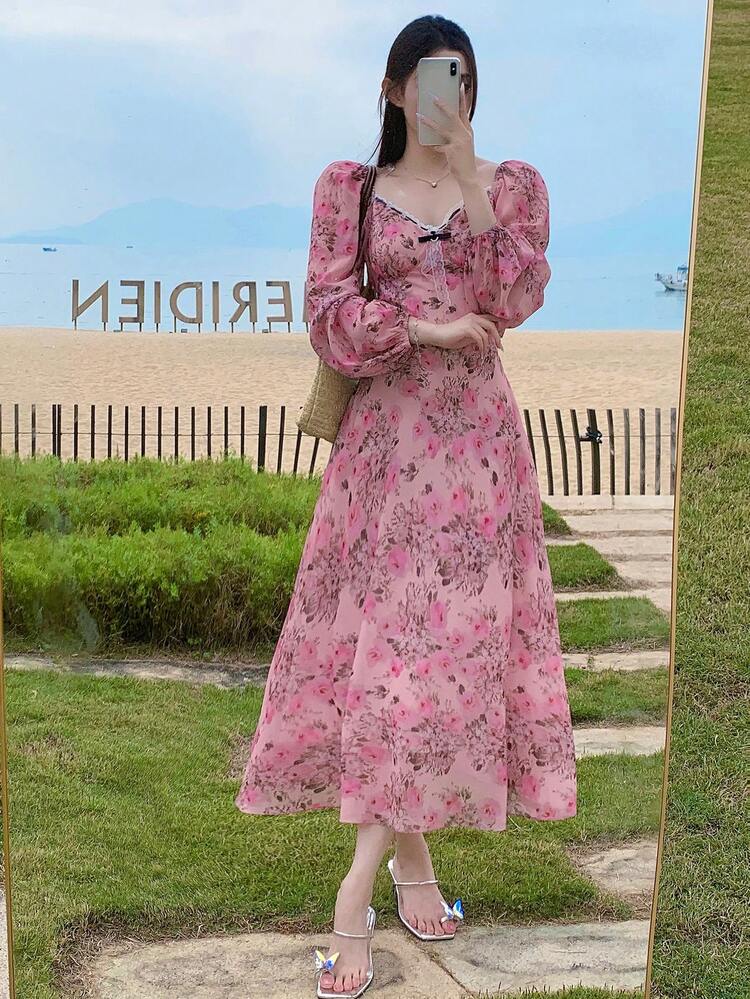 Plant Allover Print Cinched Waist Mid-Length Dress, Fitted For Valentine's Day Date Night Ditsy Floral,Milkmaid Dress,Fall Dress Long Sleeve Dress Vacation Outfits Women Easter Maxi Dress Boho