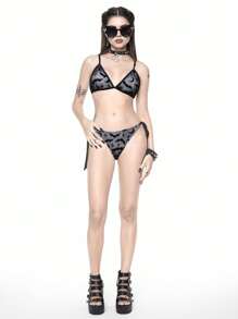 ROMWE Goth Women's Swimwear Set, Bat Lace, Triangle Cup Bra & Tie Waist Thong Bottoms Bikini Set, For Summer Beach Vacation, Halloween - Black - View 4