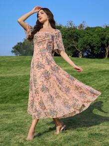 Modelyn Vestido de gasa con cuello drapeado, mangas cortas y cintura alta para mujer