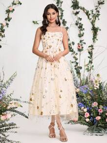 Coutiva 女士亮片花卉网眼吊带优雅舞会礼服、婚礼宾客礼服、适合音乐节春/夏、派对礼服、舞会礼服 - 杏色 - 查看 6