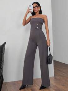 EURMUSE Women's Solid Gold Button Detailed Suit Set - Grey - View 7