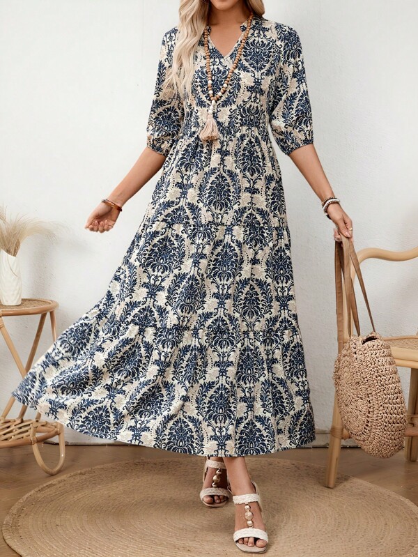 EMERY ROSE Women V-Neck Casual Mid-Length Split Hem Patchwork Dress, Spring/Summer Vacation