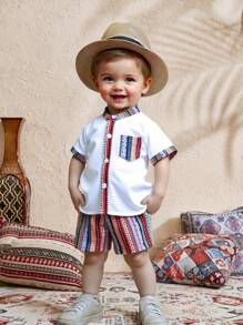 SHEIN 2pcs/Set Baby Boy Casual Short Sleeve Shirt & Shorts Set, Suitable For Birthday Party, Evening, Performance, Wedding, 1-Month-Old, 1-Year-Old Celebration, Baby Shower