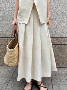 FRIFUL 2 件套女式杏色无袖短款上衣和高腰开叉裙套装，复古风格，适合假日穿着，亚麻