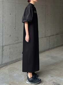 FRIFUL Women's Colorblock Letter Print Midi Dress With Funnel Neck And Puff Sleeves Sundress - Black - View 5