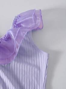 SHEIN Girls' Chic Street Style Asymmetric Sleeveless Mesh Ruffle Trim Solid Color Mini Snug Fit Party Club Dress - Purple - View 3