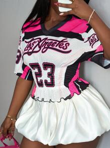 Slaydiva 女式针织数码印花束腰上衣女式夏季T恤 - 彩色 - 查看 4